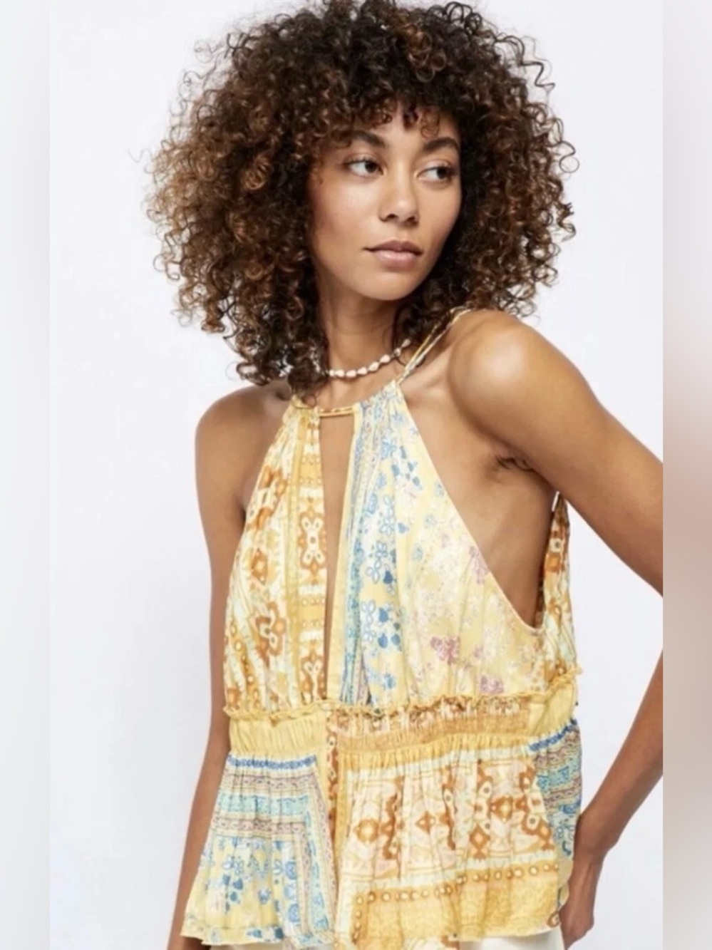 Free People Bellini Patchwork Ruffle Pattern Halter Tank Top EUC Women’s Size -L